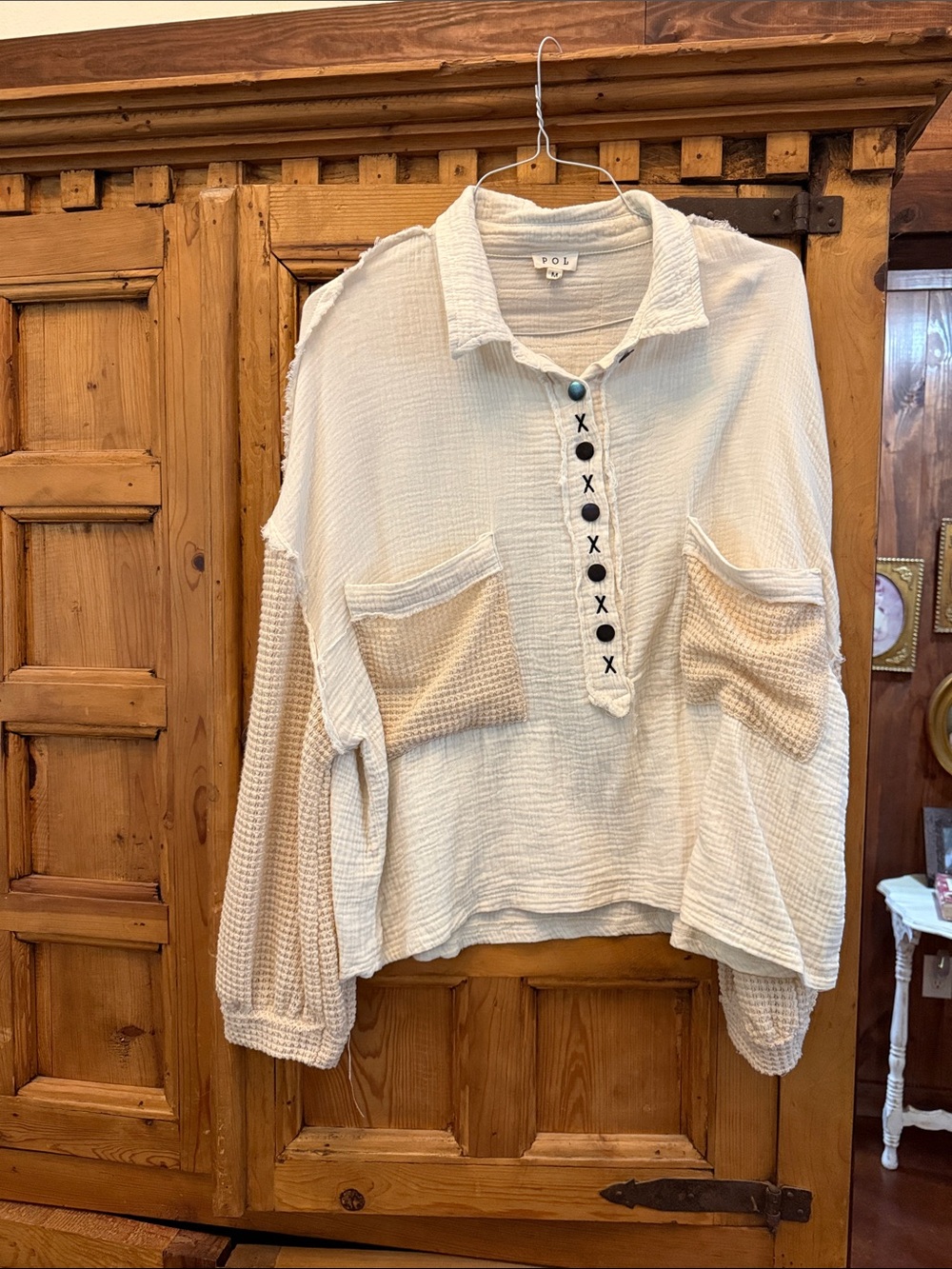 POL Cream Button-Front Waffle Pullover Shirt